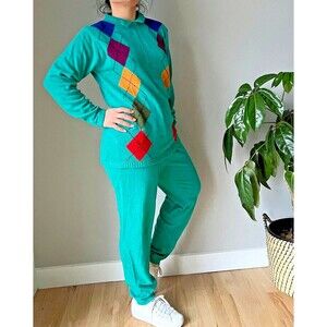 vtg 90s silk wool green knit sweater‎ set argyle print retro loungewear small